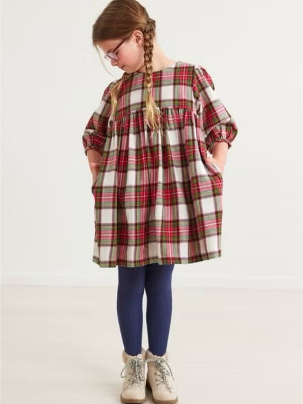 Hanna Andersson girl Sz 140cm US 10 plaid long sleeve dress has pockets holiday